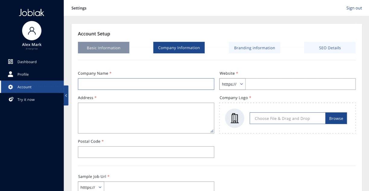 Jobiak account company information 