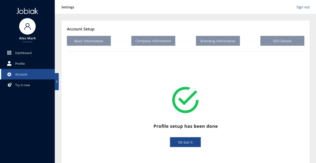 Jobiak profile setup verification 