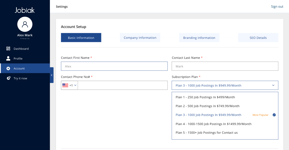 Jobiak account subscription plan